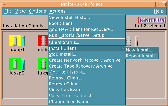 Ignite-UX Actions Menu